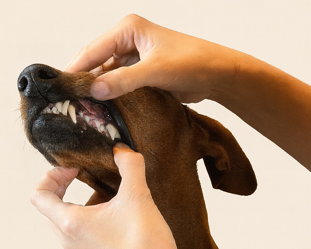Maëva Sire examinant les dents d'un chien, au cabinet